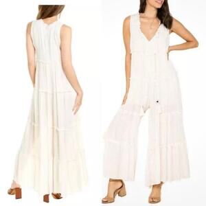 Anthropologie Raga white‎ ivory tiered metallic striped wide leg jumpsuit large